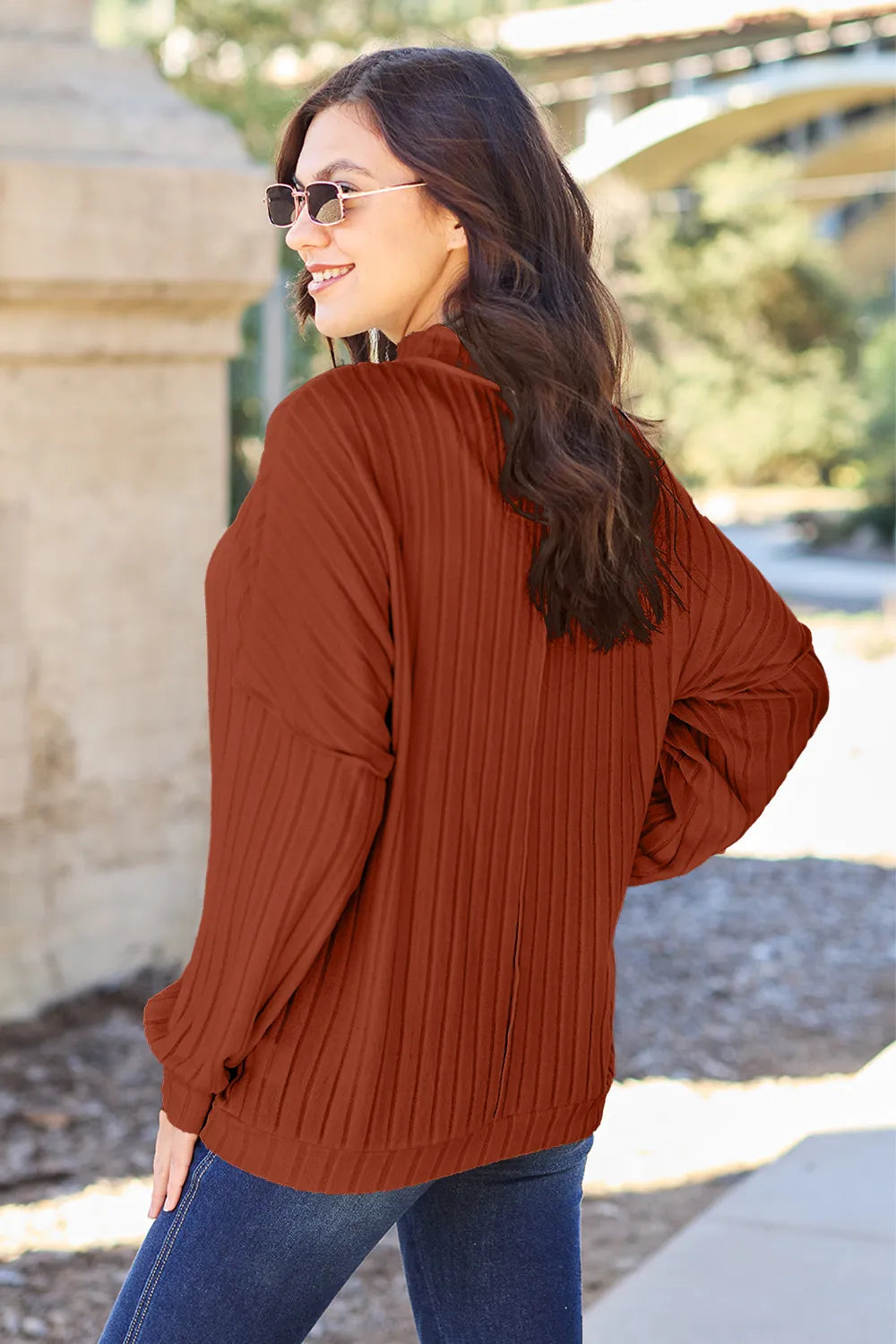 Full Size Ribbed Exposed Seam Mock Neck Knit Top (6)