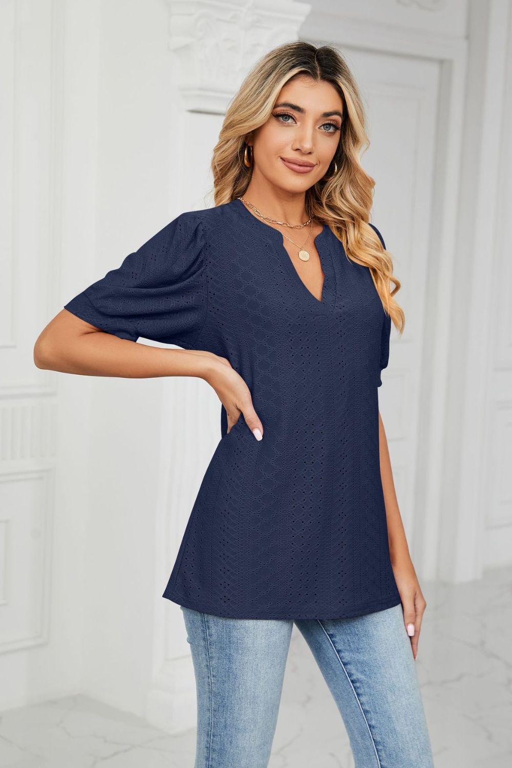 Eyelet Short Puff Sleeve Notched Neck Top (33)