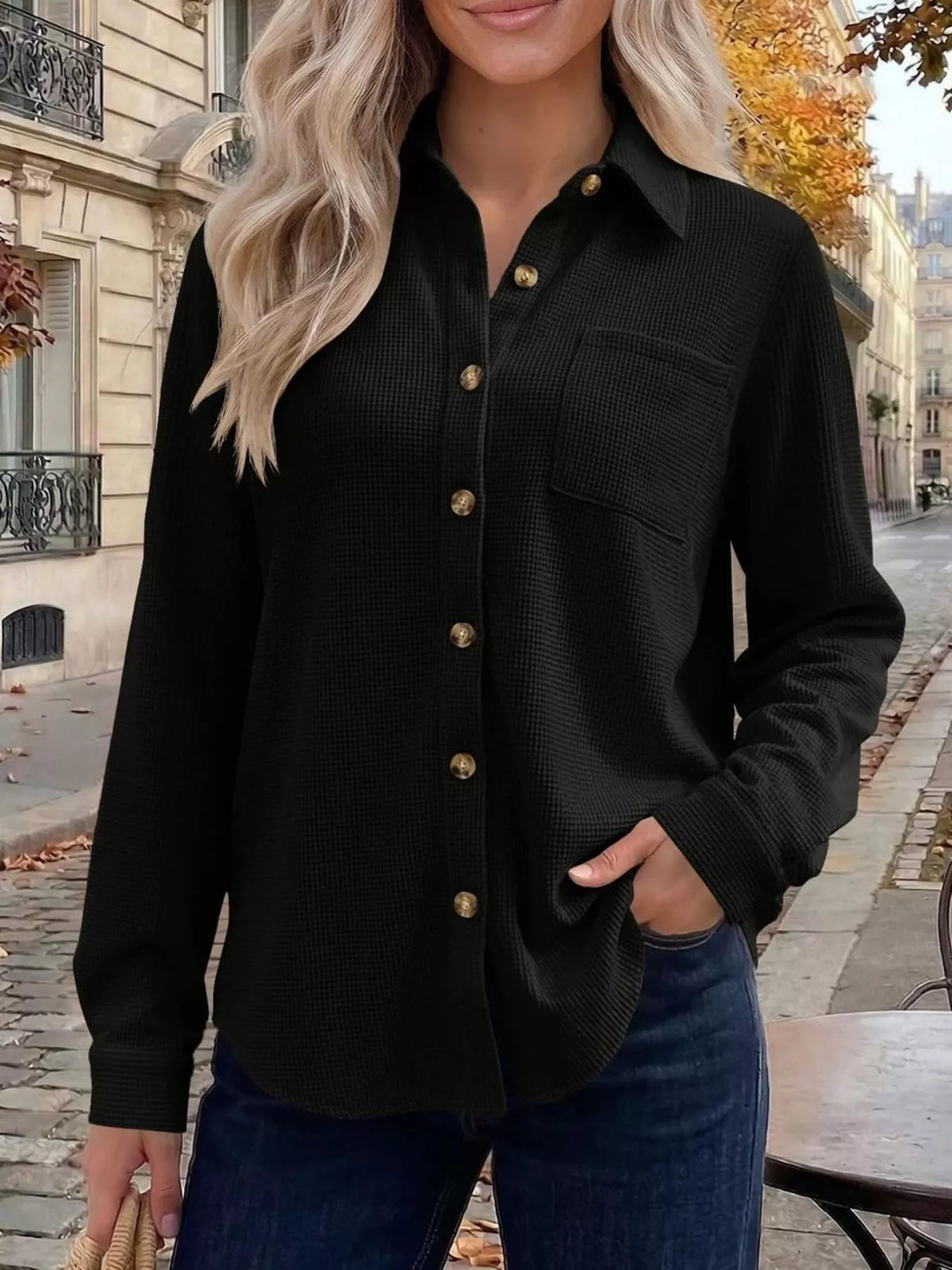 Waffle Knit Button-down Long Sleeve Shirt (11)