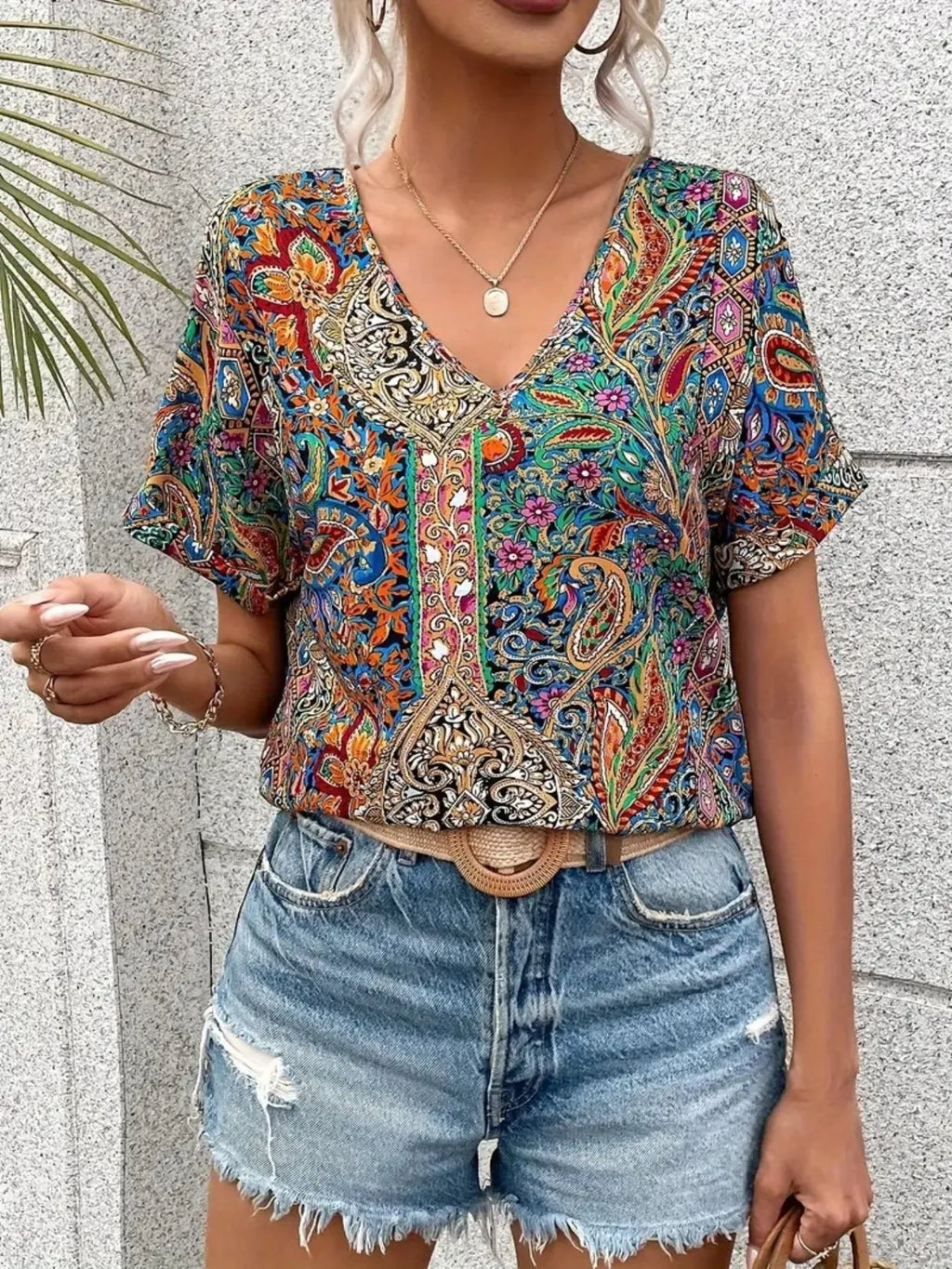 Bohemian Paisley Print V-neck Short Sleeve T-shirt (3)