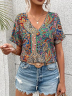 Bohemian Paisley Print V-neck Short Sleeve T-shirt (3)