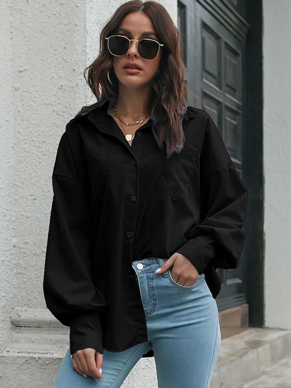 Button Up Dropped Shoulder Lantern Sleeve Shirt (13)