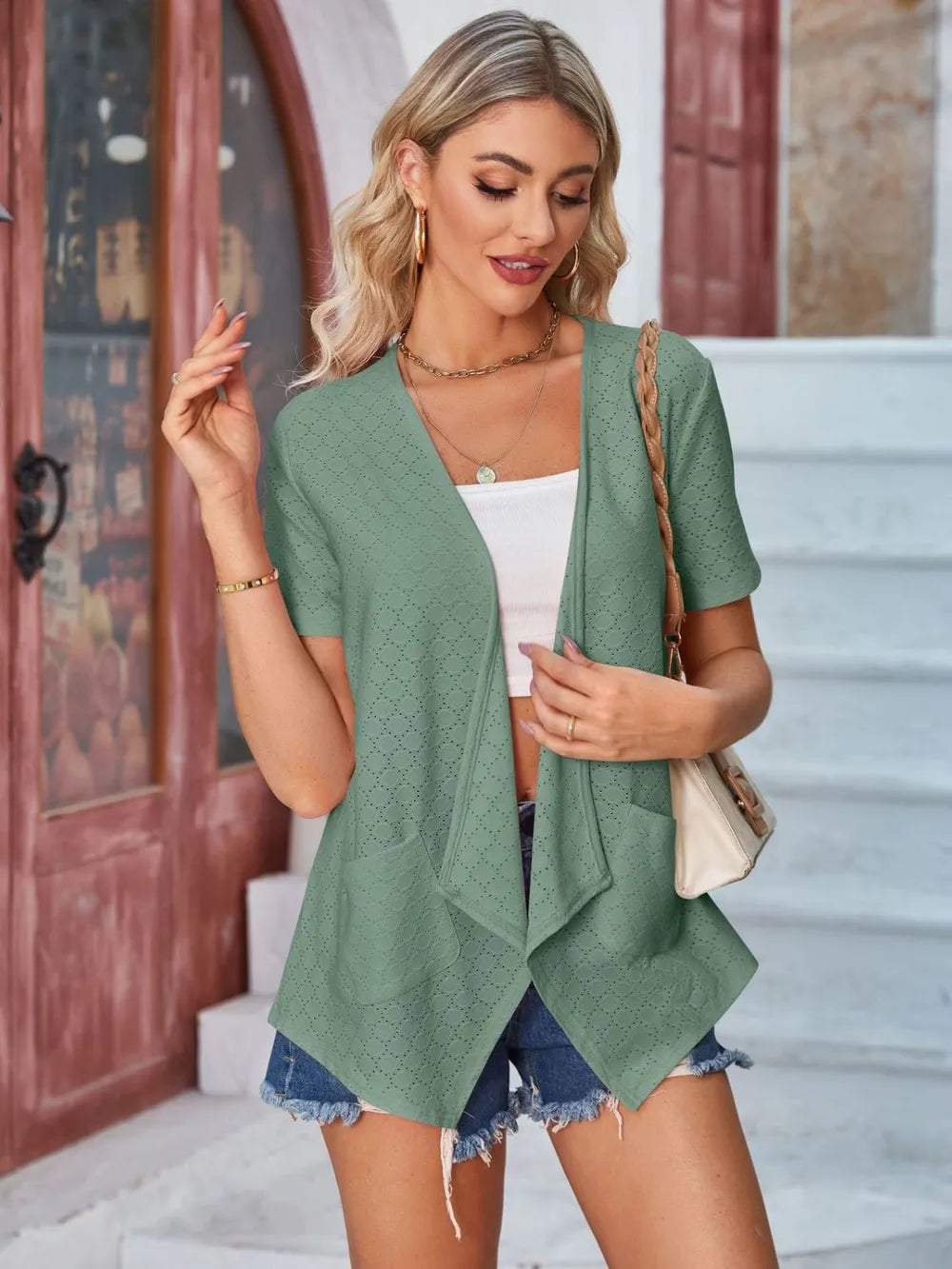 Eyelet Open Front Short Sleeve Cover Up (23)