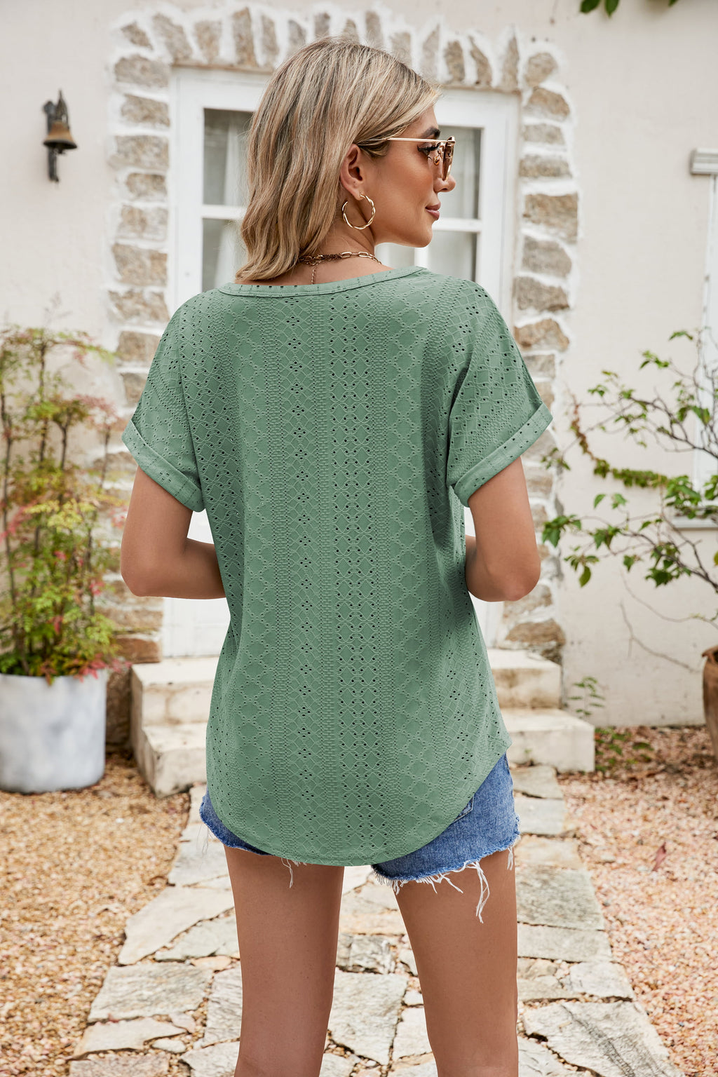 Full Size Round Neck Eyelet Short Sleeve Top (18)