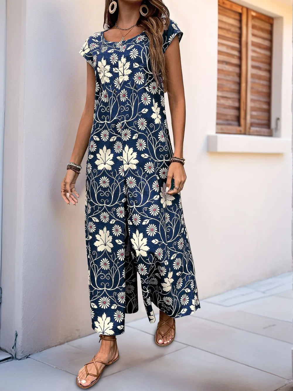 Printed Round Neck Cap Sleeve Wide Leg Jumpsuit (10)