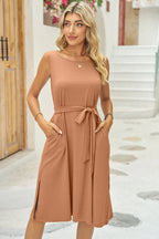 Tied Round Neck Sleeveless Dress (4)