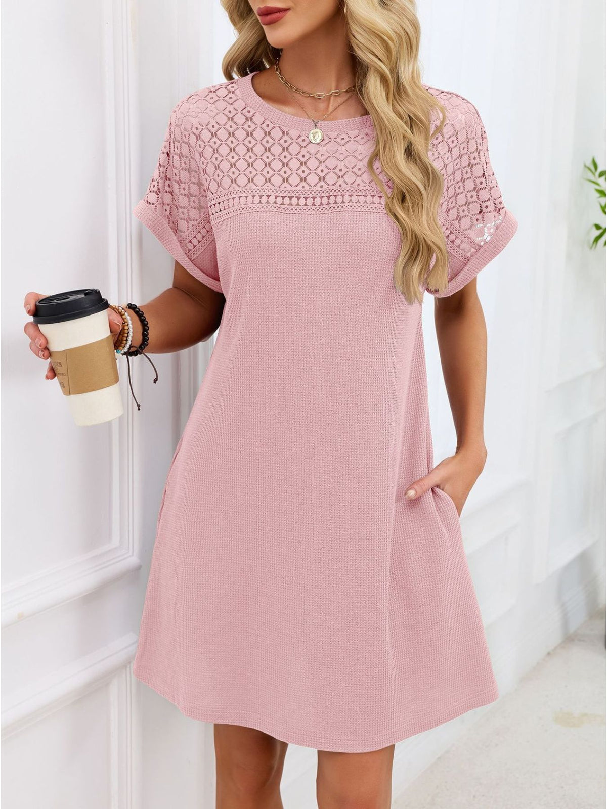 Lace Round Neck Short Sleeve T-shirt Dress (26)