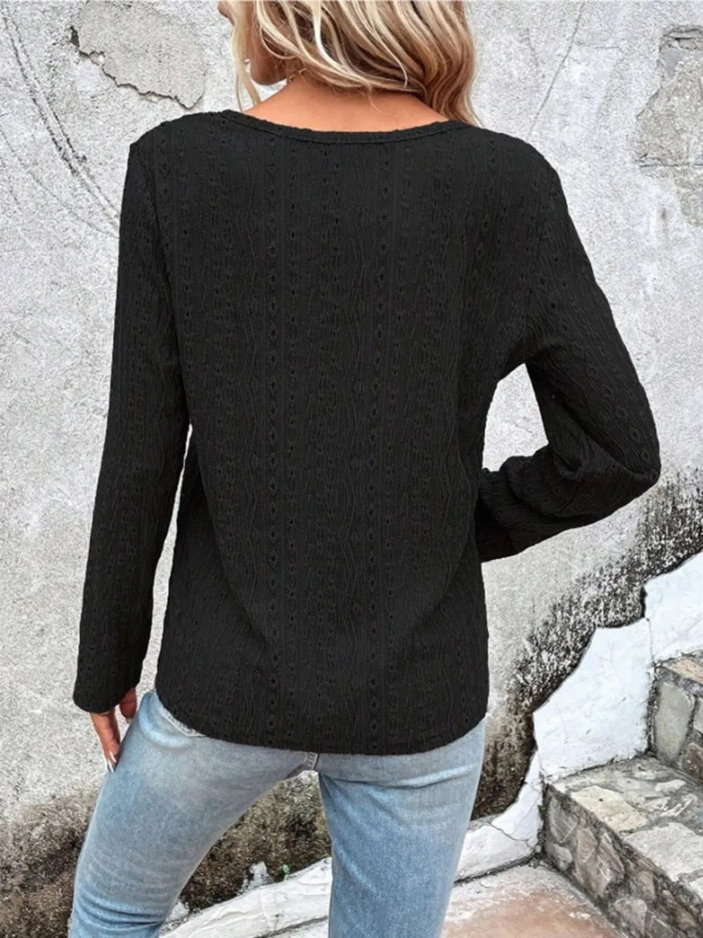 Openwork Half Button Long Sleeve Blouse (9)
