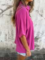 Full Size Casual Button Down Short Sleeve Loose Shirt Plus (13)