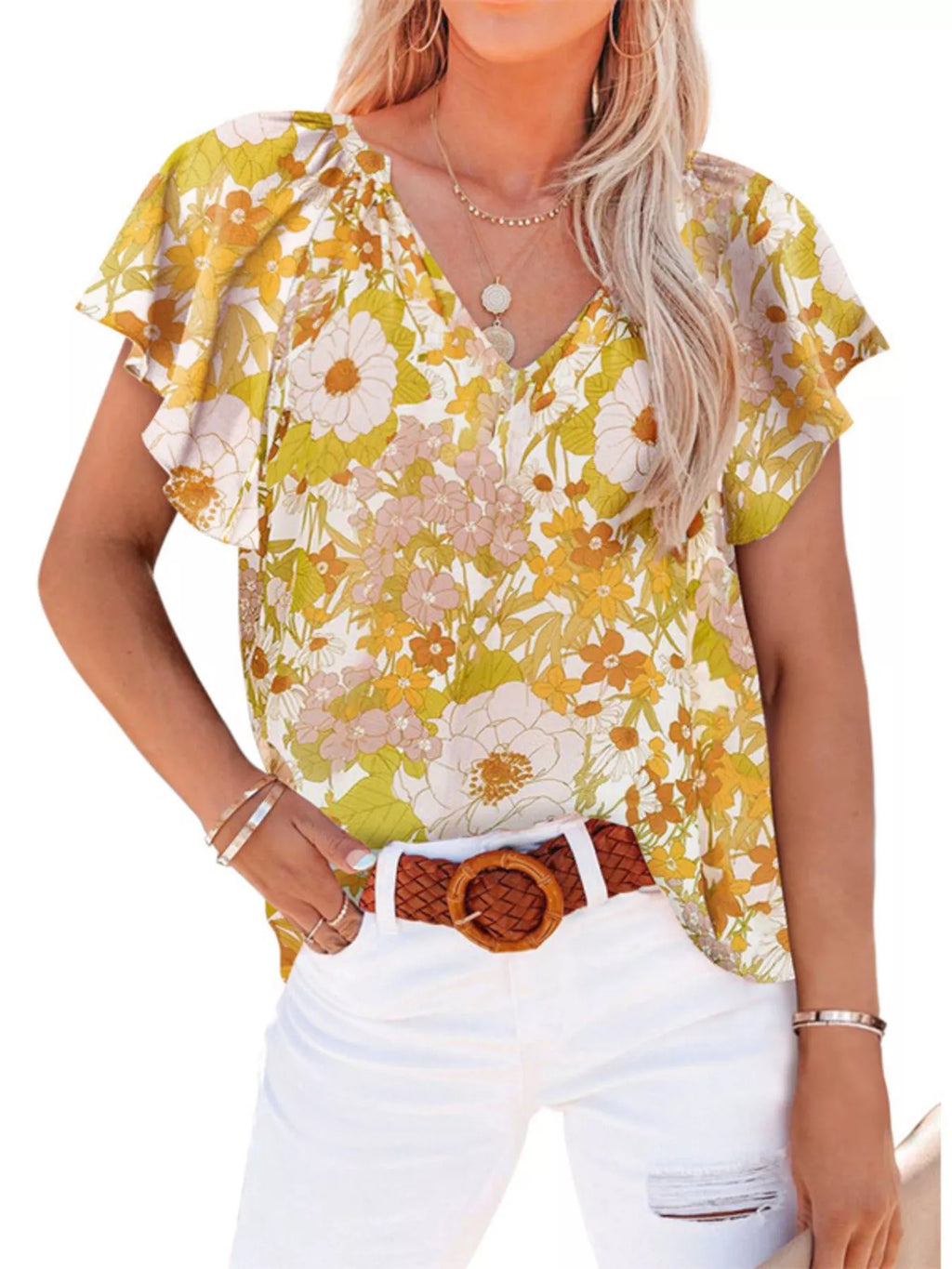 Full Size Floral Print Flutter Sleeve V-neck Blouse Plus (12)