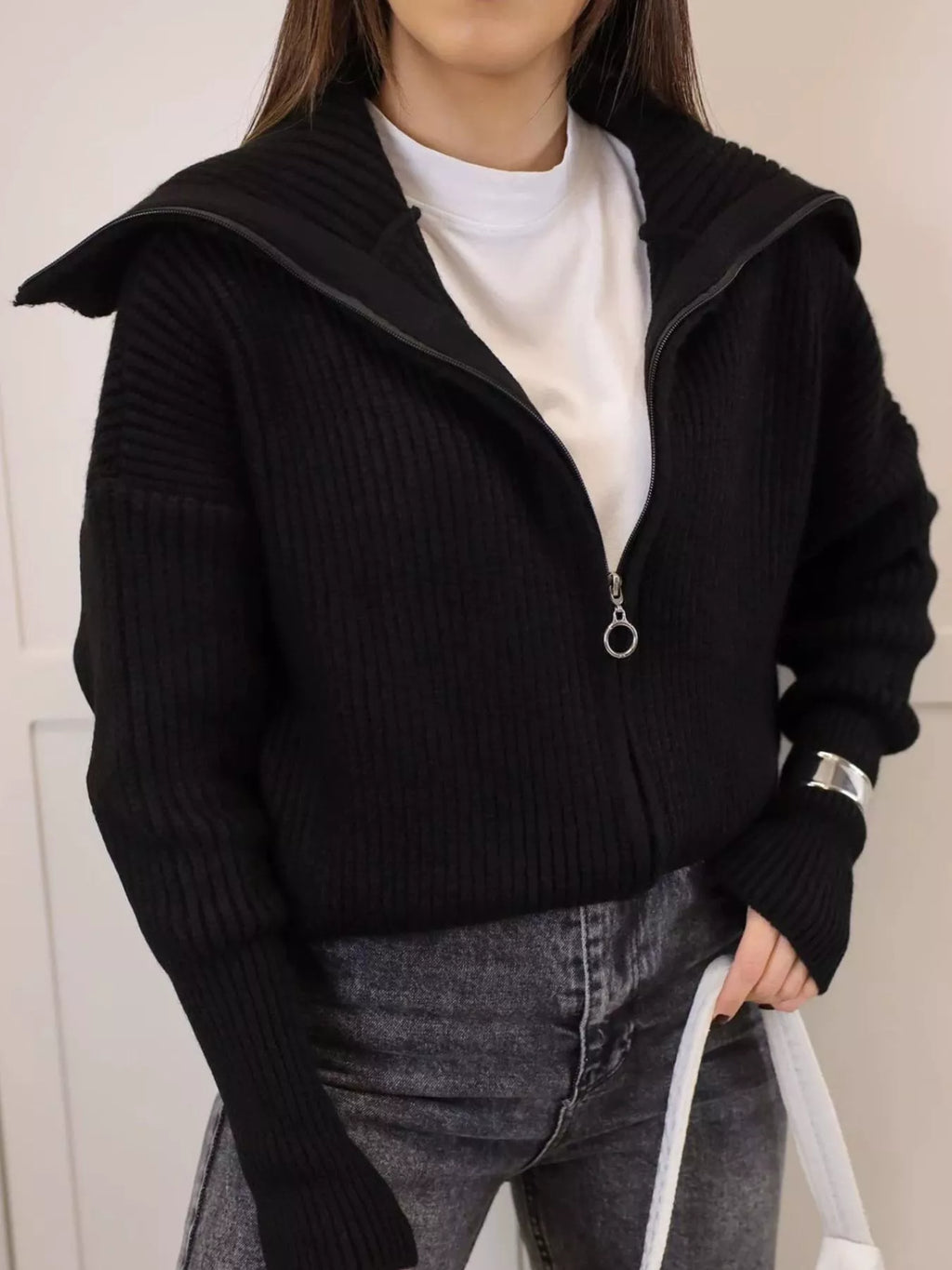 Zip Up Dropped Shoulder Cardigan (8)