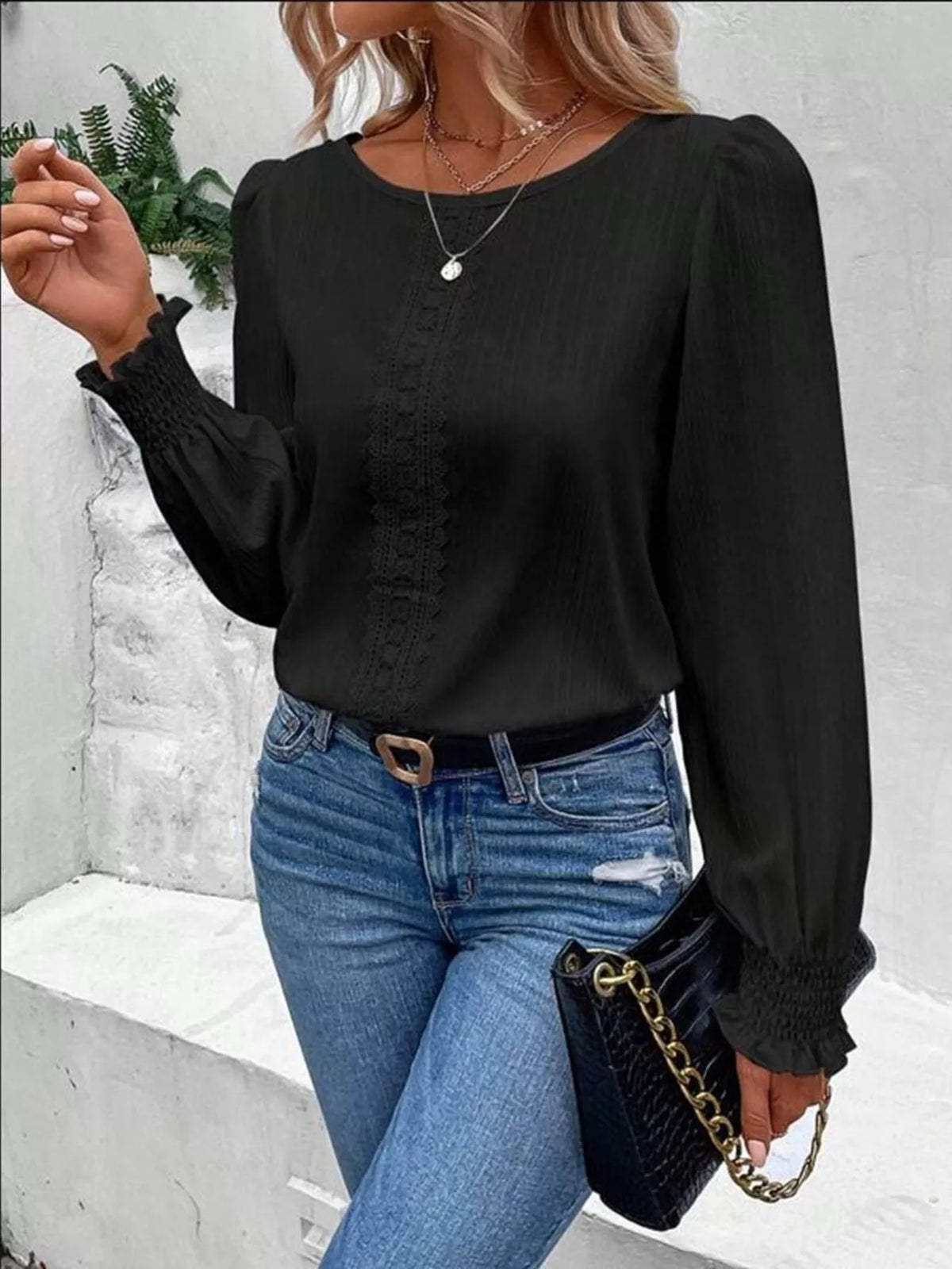 Lace Trim Long Sleeve Blouse (3)