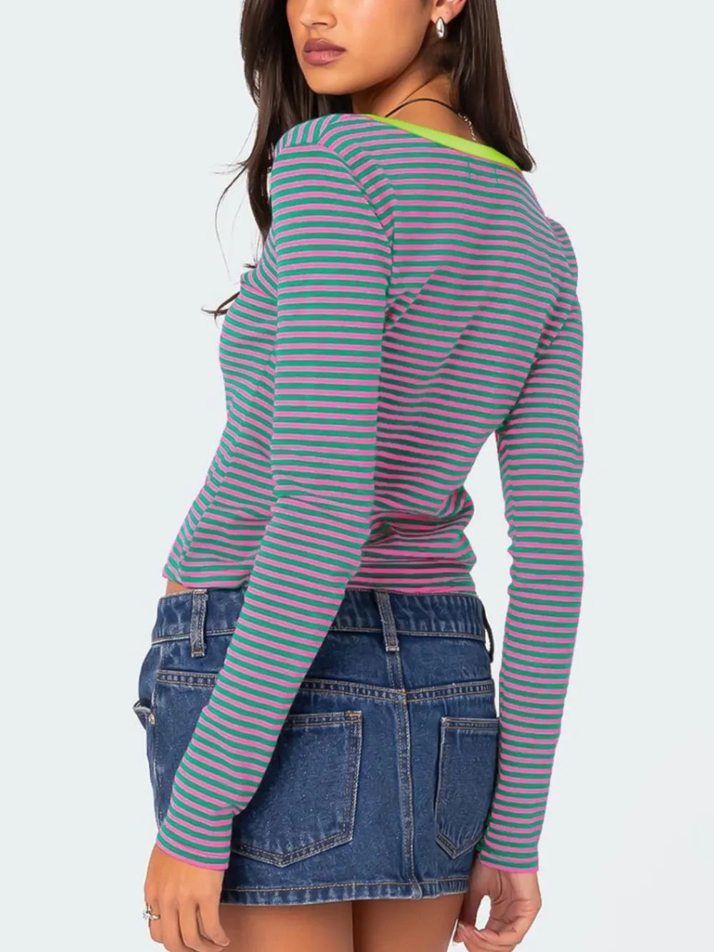 Buttoned Striped Long Sleeve T-shirt (22)
