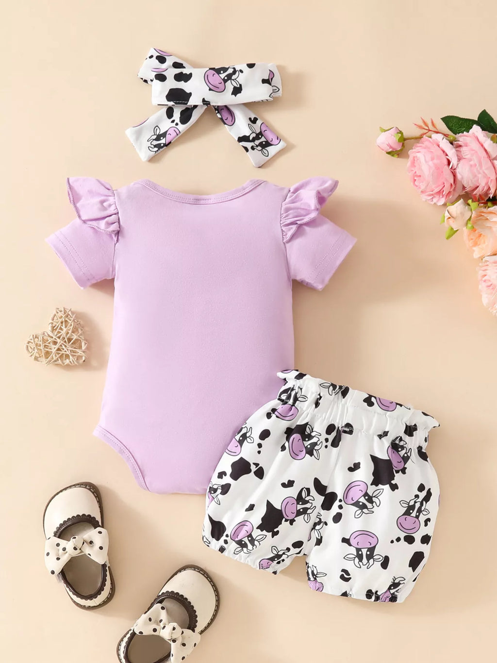 Children's Ruffled Cow Bodysuit Shorts Set Headband (7)
