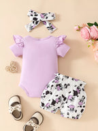 Children's Ruffled Cow Bodysuit Shorts Set Headband (7)