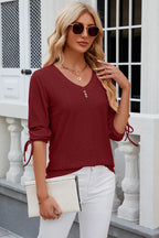 Eyelet Drawstring V-neck Half Sleeve T-shirt (26)