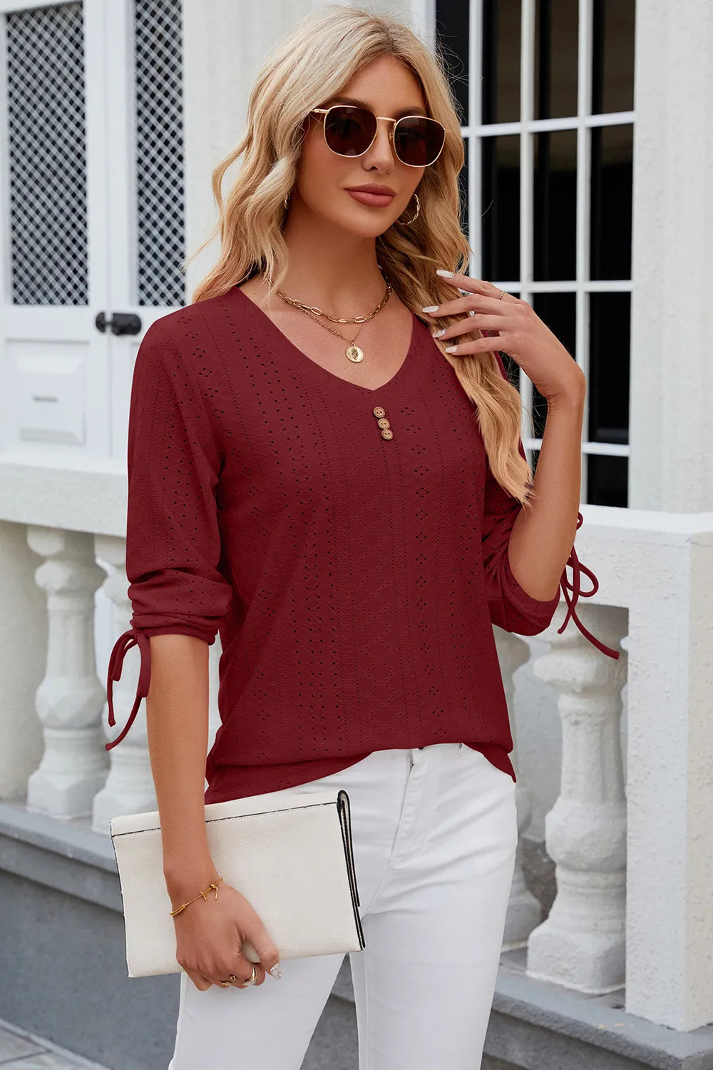 Eyelet Drawstring V-neck Half Sleeve T-shirt (26)