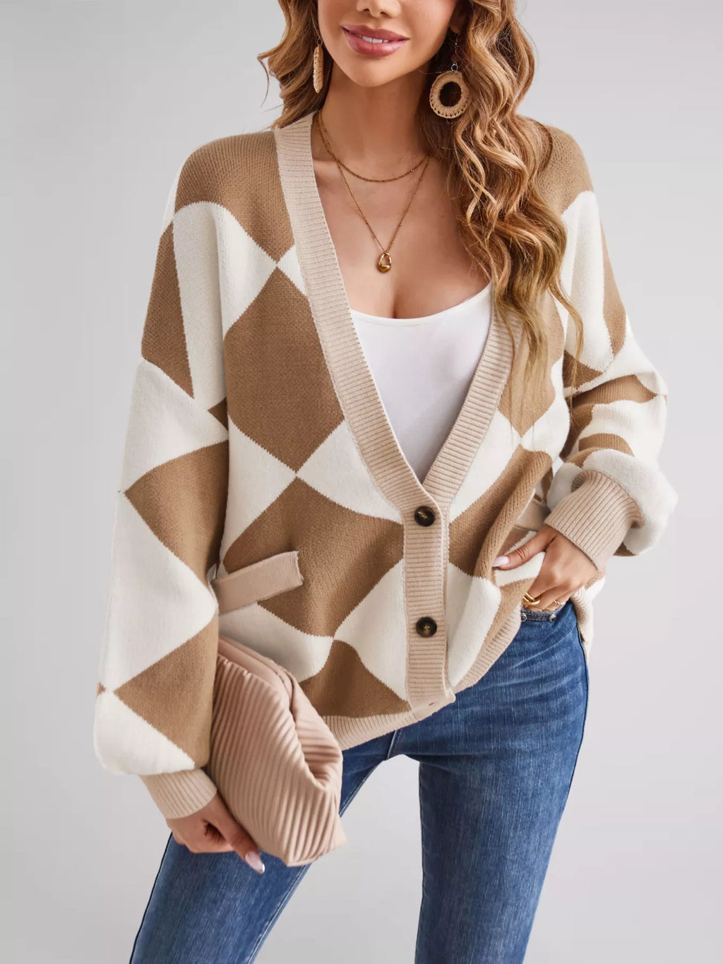 Diamond Pattern Button-up Knit Cardigan