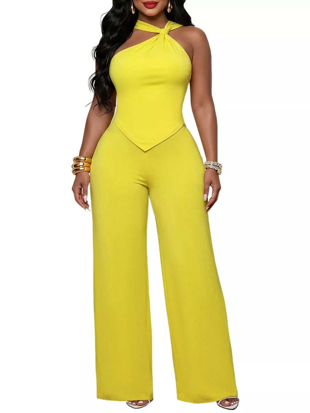 Backless Twist Top Wide-leg Pants Set (3)
