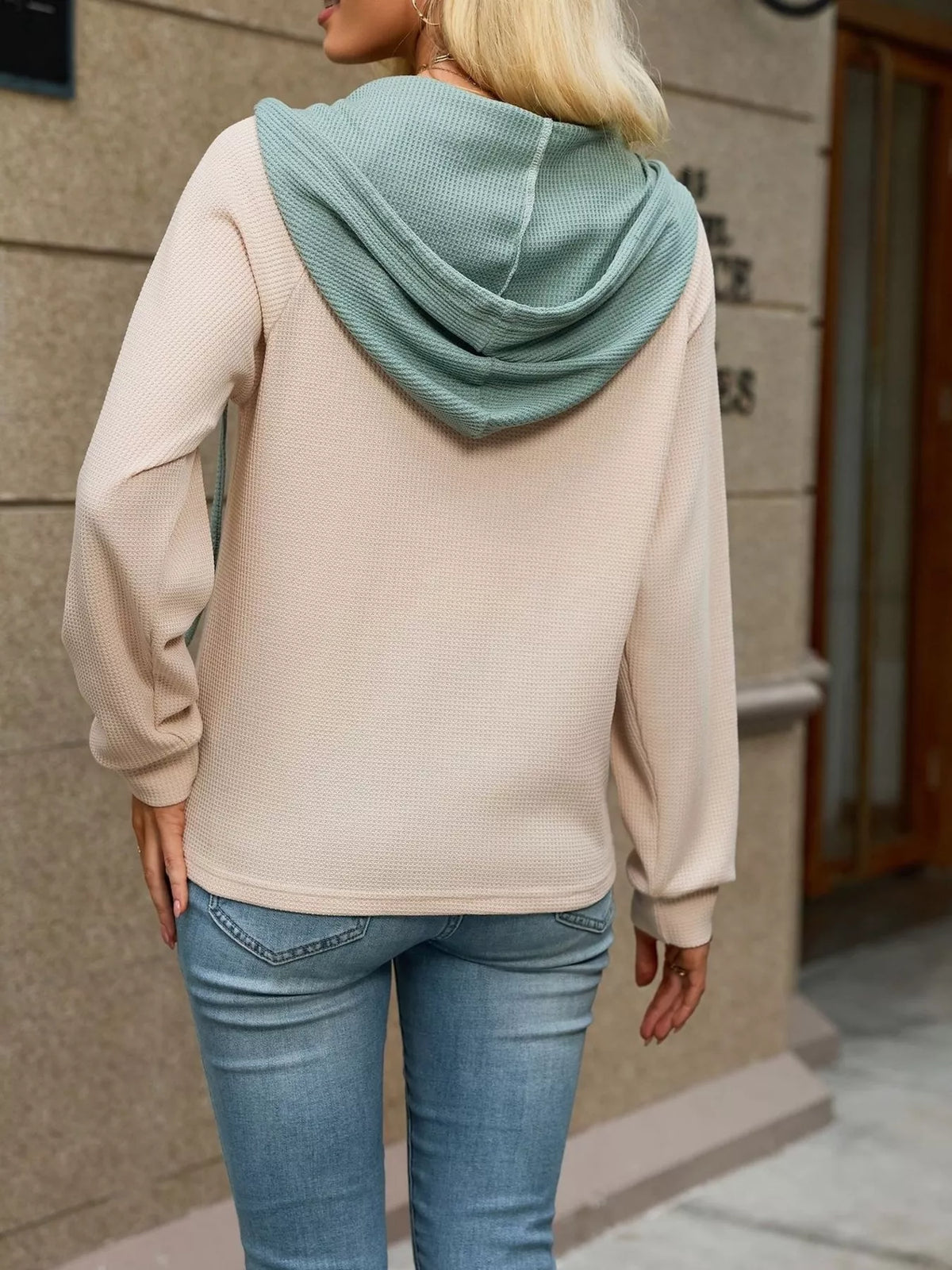 Waffle Knit Henley Hoodie Contrast Trim (6)