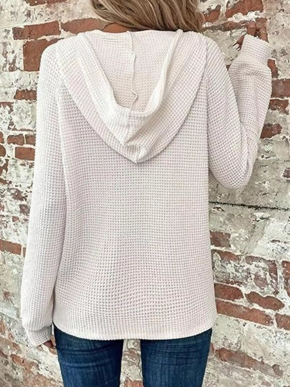 Full Size Waffle Knit Half-button Hoodie Plus (2)