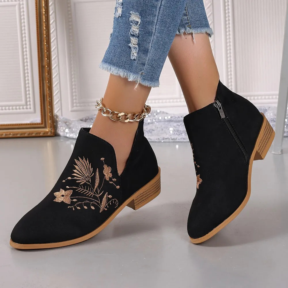 Embroidered Suede Point Toe Block Heel Boots (7)