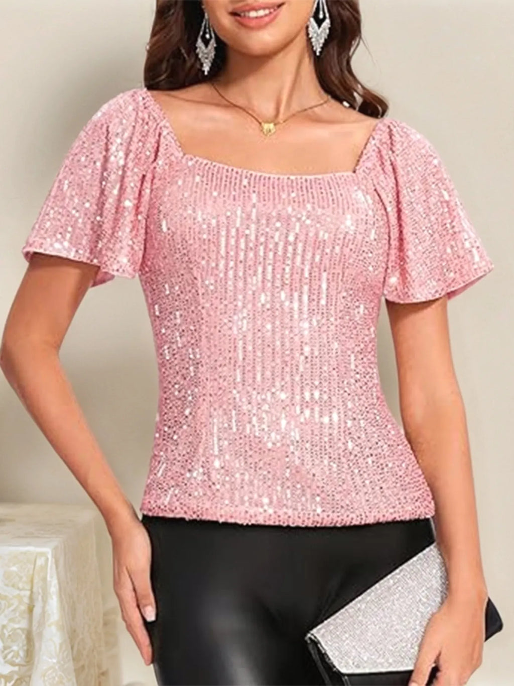 Square Neck Sequin Short Sleeve Blouse (7)