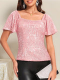 Square Neck Sequin Short Sleeve Blouse (7)