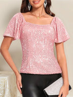 Square Neck Sequin Short Sleeve Blouse (7)