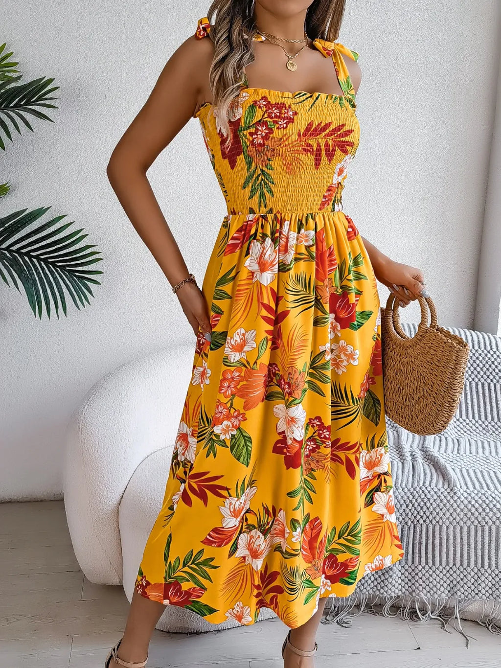 Smocked Floral Tie Shoulder Midi Dress (9)