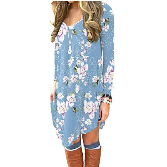 V-neck Print Dress variant CJNSSYLY03007-Light Blue-M|CJNSSYLY03007-Light Blue-XL|CJNSSYLY03007-Light Blue-S|CJNSSYLY03007-Light Blue-XXL|CJNSSYLY03007-Light Blue-L