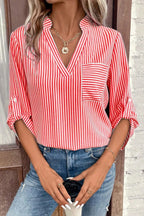 Striped Notched Roll-tab Sleeve Shirt (3)