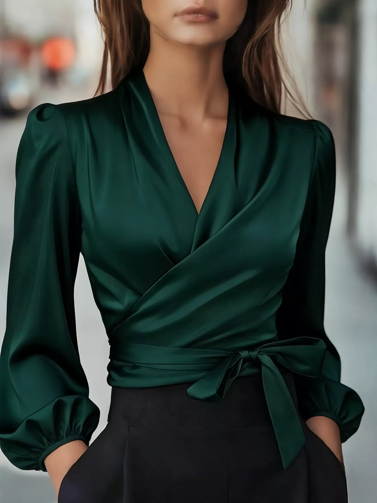 Satin Tied Balloon Sleeve Blouse (8)