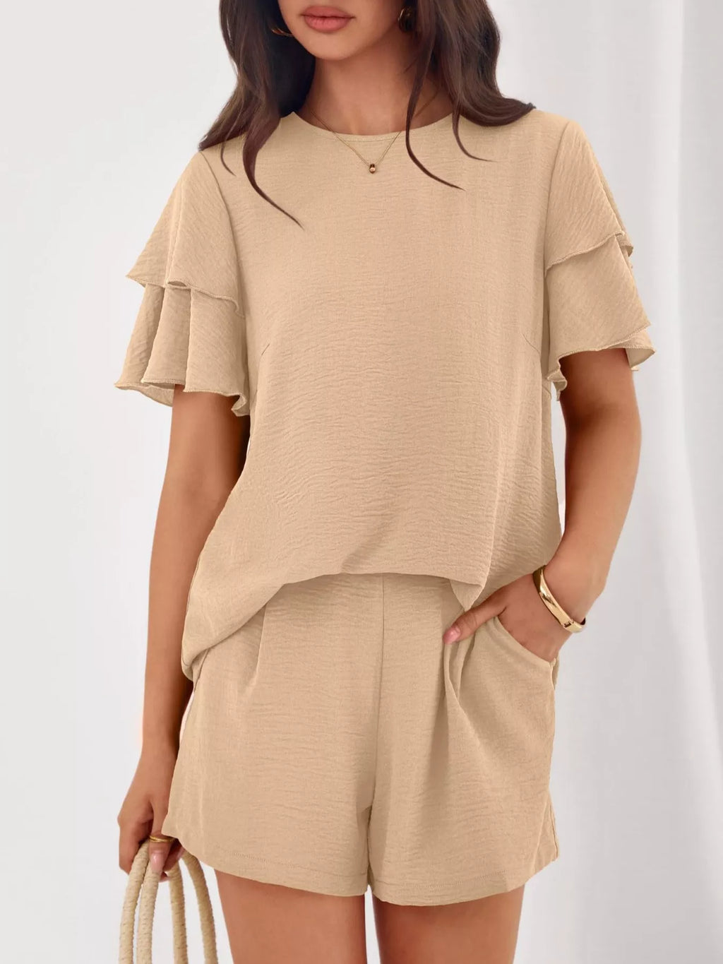 Ruffle Sleeve Top Shorts Two-piece Set (3)