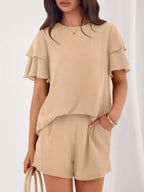 Ruffle Sleeve Top Shorts Two-piece Set (3)