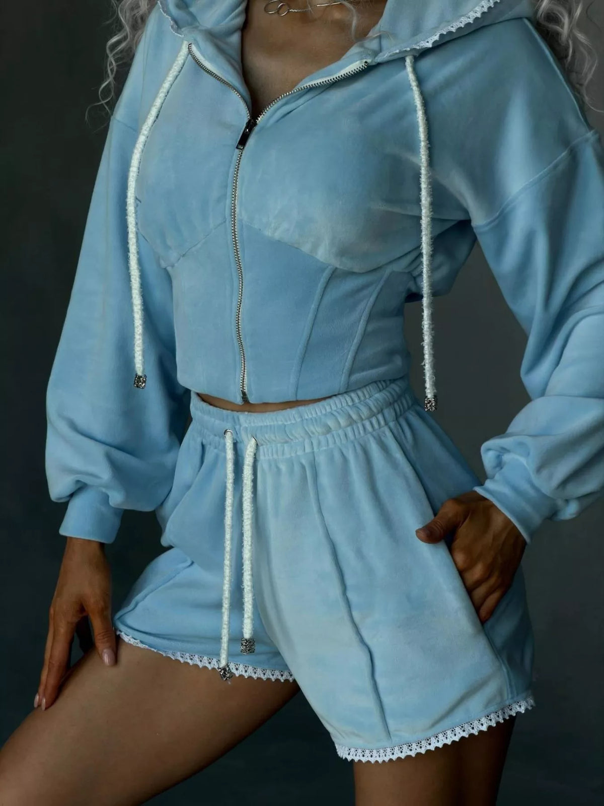 Zip Up Hooded Outerwear Shorts Set (4)