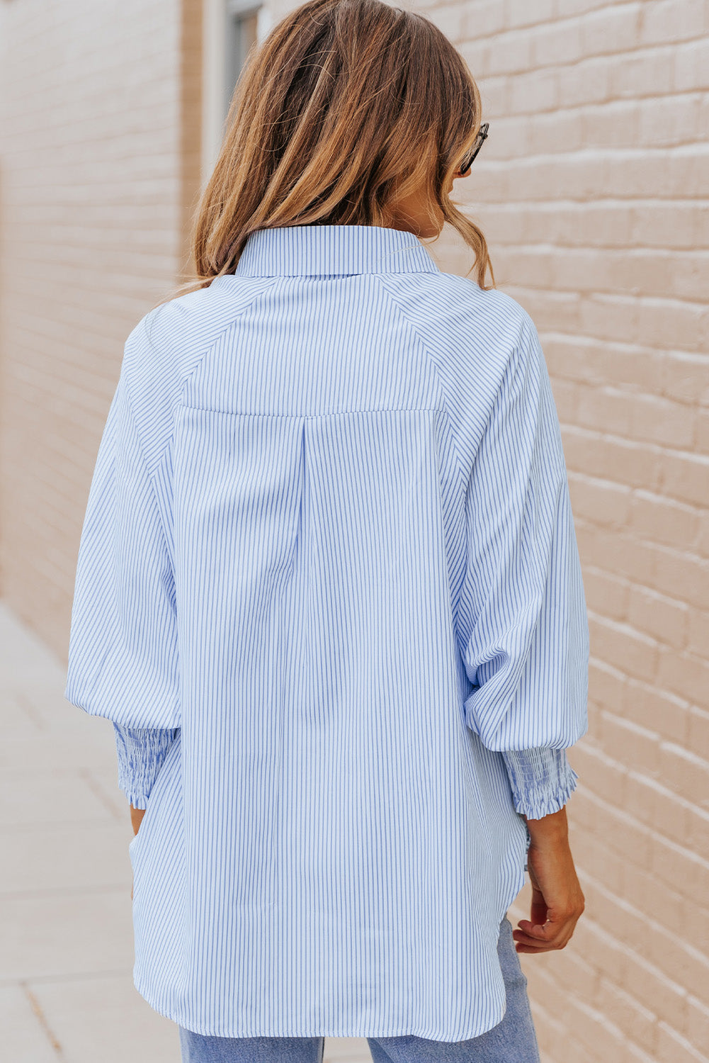 Striped Lantern Sleeve Collared Shirt (2)