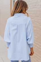 Striped Lantern Sleeve Collared Shirt (2)