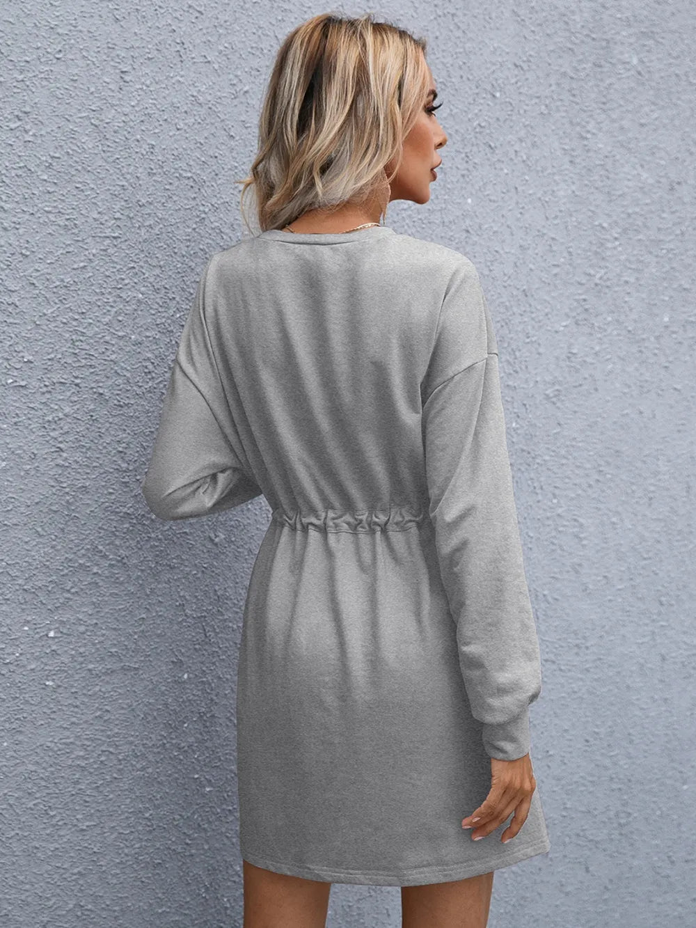Drawstring Round Neck Dropped Shoulder Mini Dress (8)