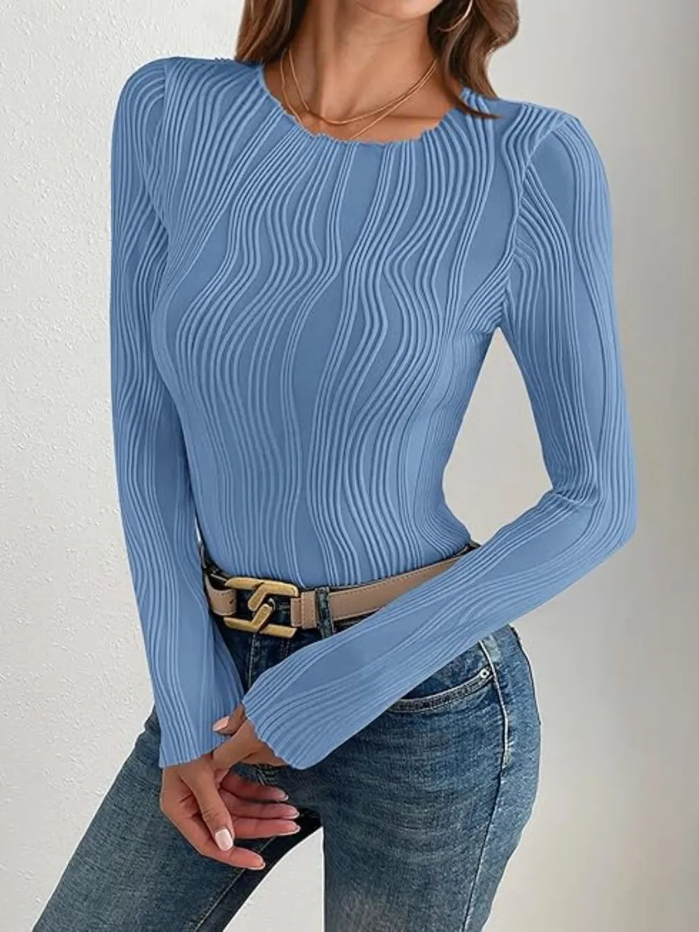 Textured Round Neck Long Sleeve Top (7)