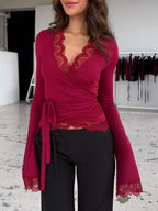 Lace-trimmed Long Sleeve Wrap T-shirt (8)