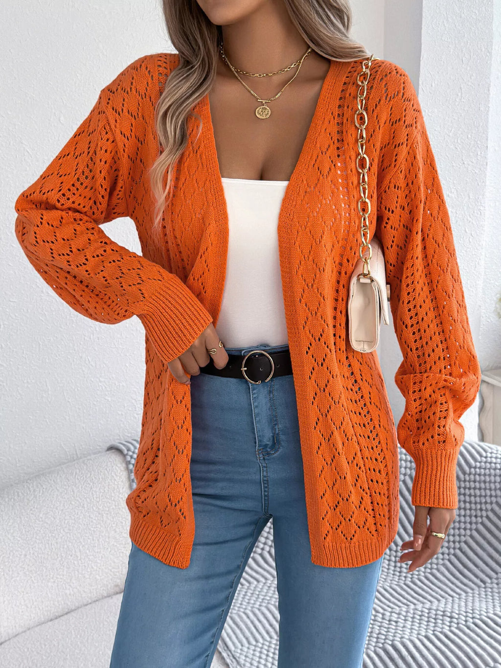 Openwork Open-front Long Sleeve Cardigan (4)