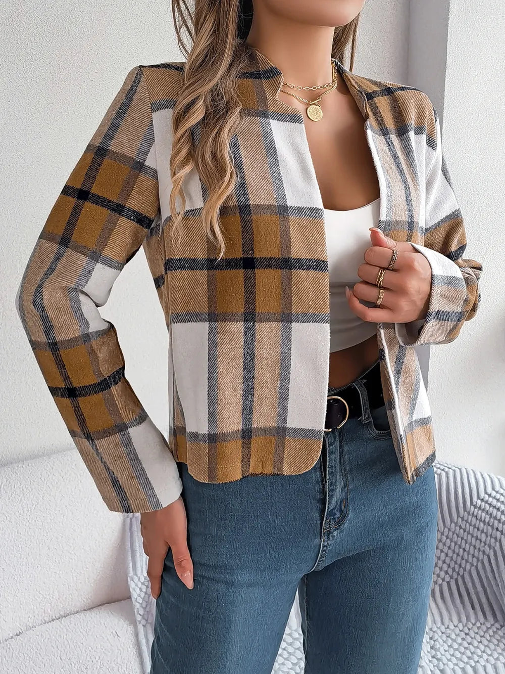Plaid Open Front Long Sleeve Jacket (11)