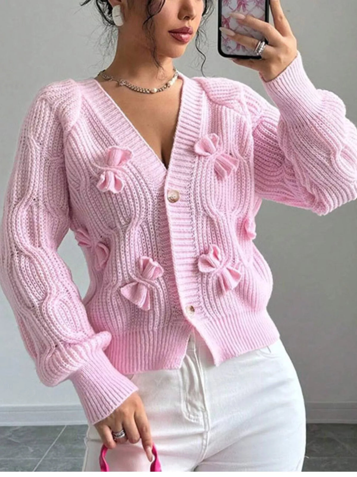Bow Cable Knit V-neck Cardigan