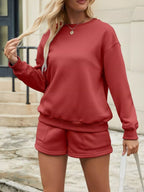 Round Neck Dropped Shoulder Top Drawstring Shorts Set (10)