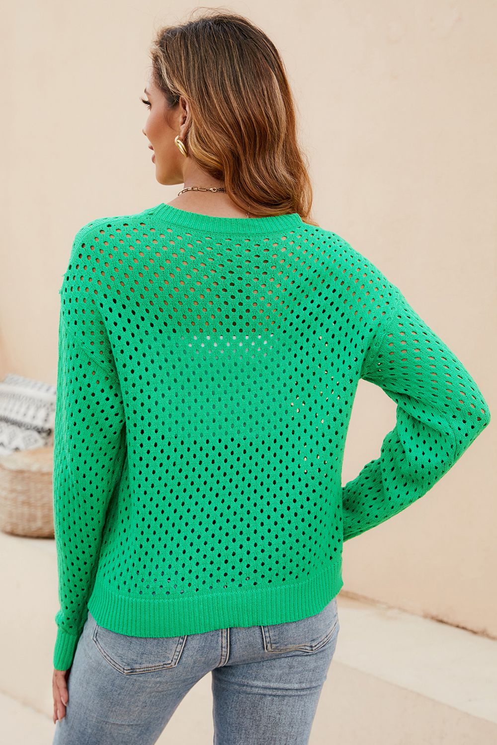 Round Neck Openwork Dropped Shoulder Knit Top (2)