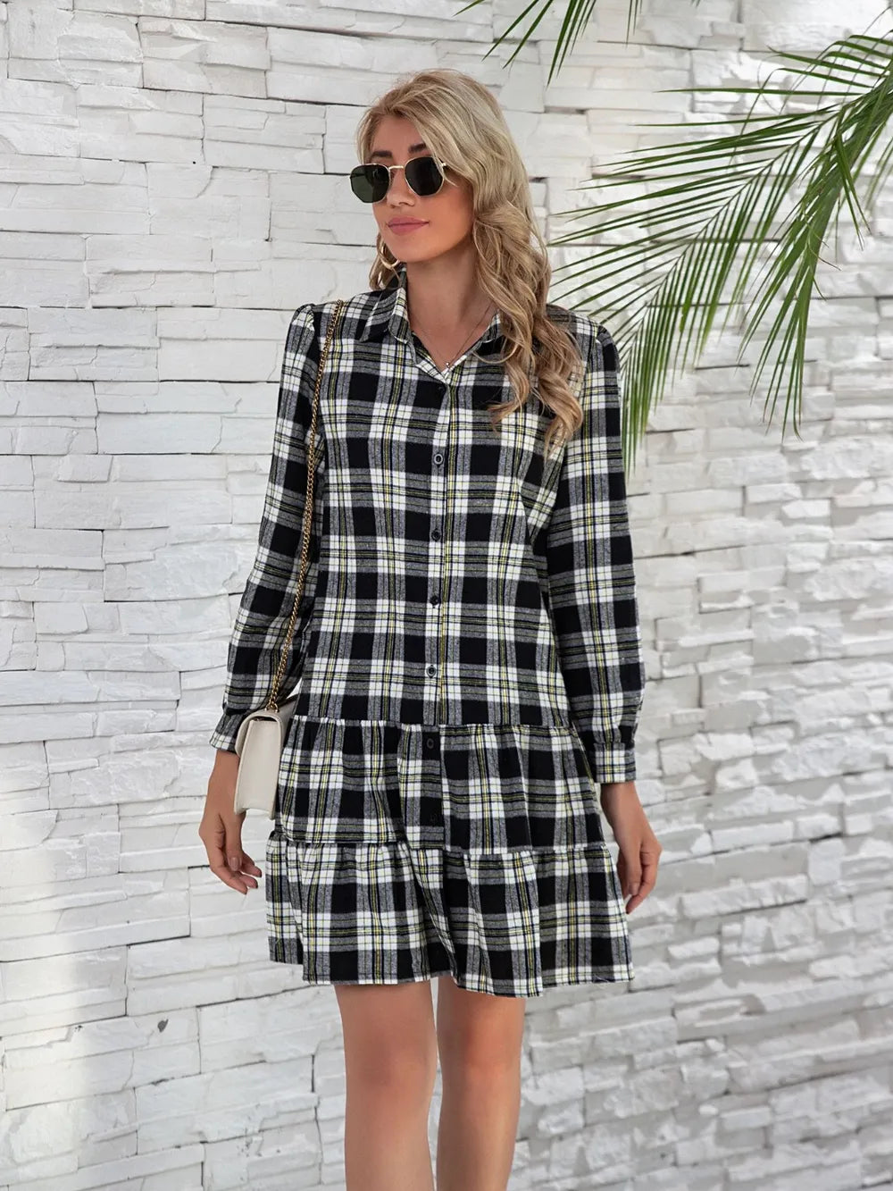 Ruffle Hem Plaid Button Down Long Sleeve Dress (9)