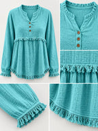 Full Size Frayed Hem Button Detail Blouse Plus (45)