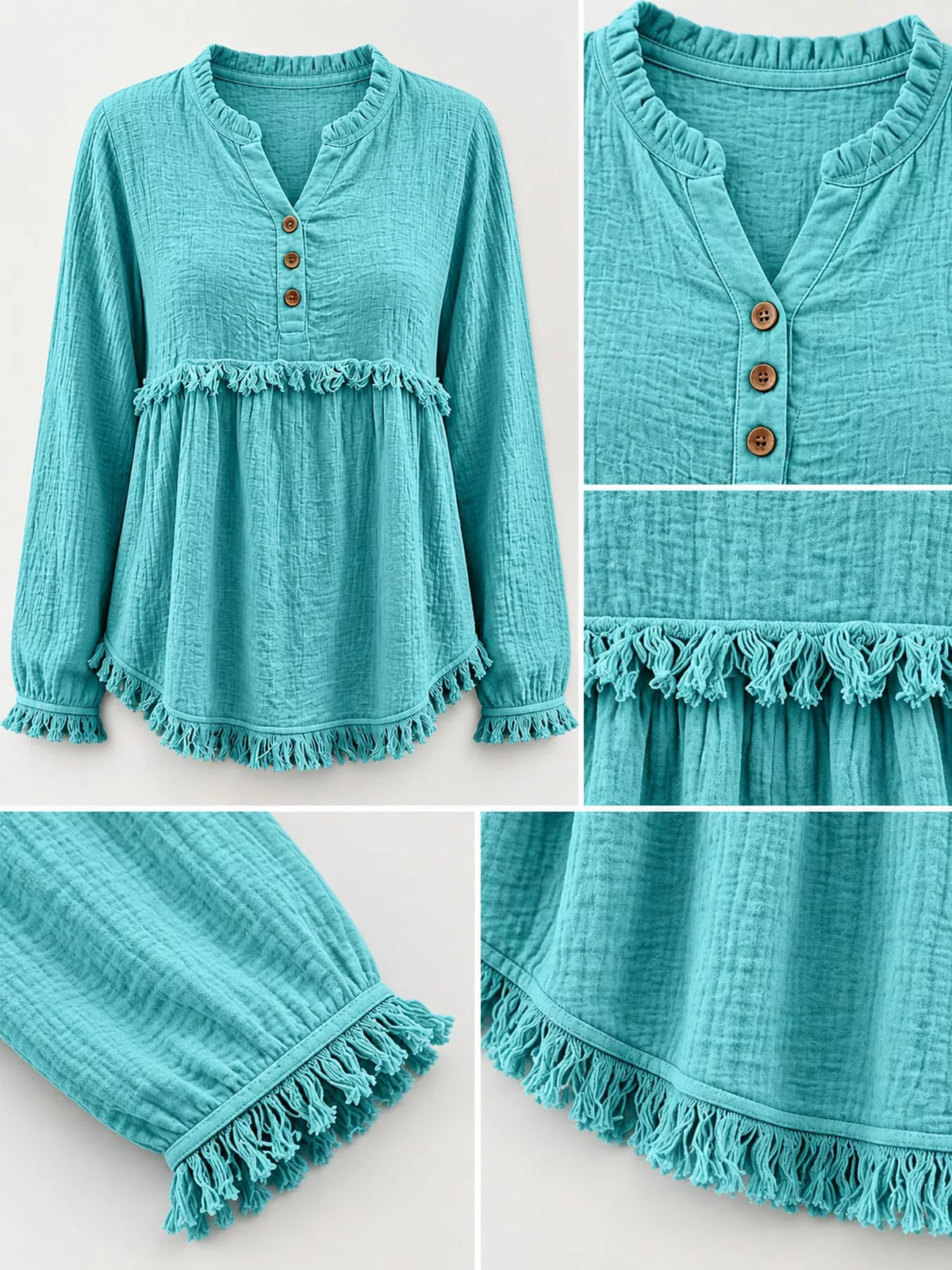 Full Size Frayed Hem Button Detail Blouse Plus (45)