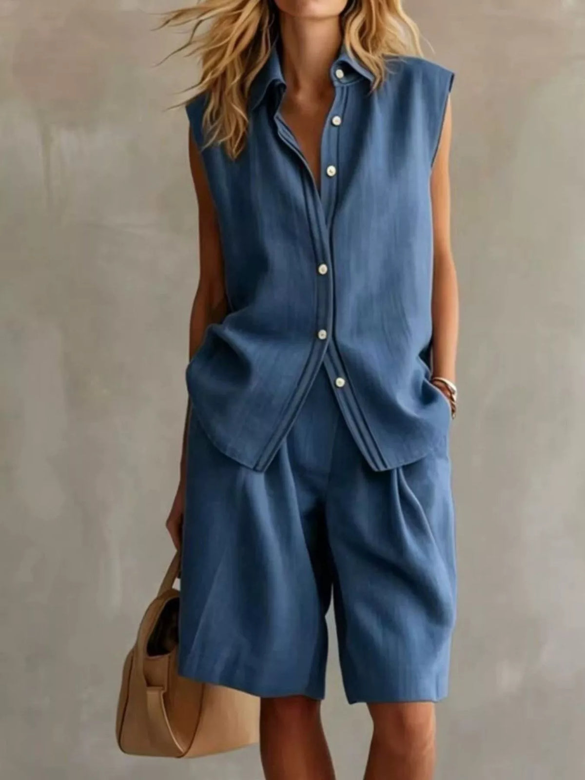 Sleeveless Button Up Top Shorts Set (8)